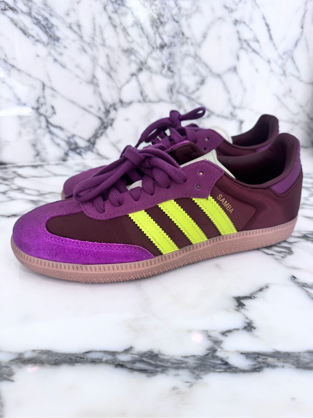 Adidas women’s Samba Sneakers in Purple with Neon Stripes